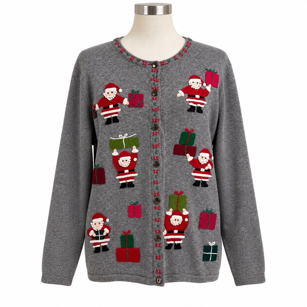 Vintage Carroll Reed XL Christmas Cardigan Santa 3D Applique Ugly Tacky Sweater